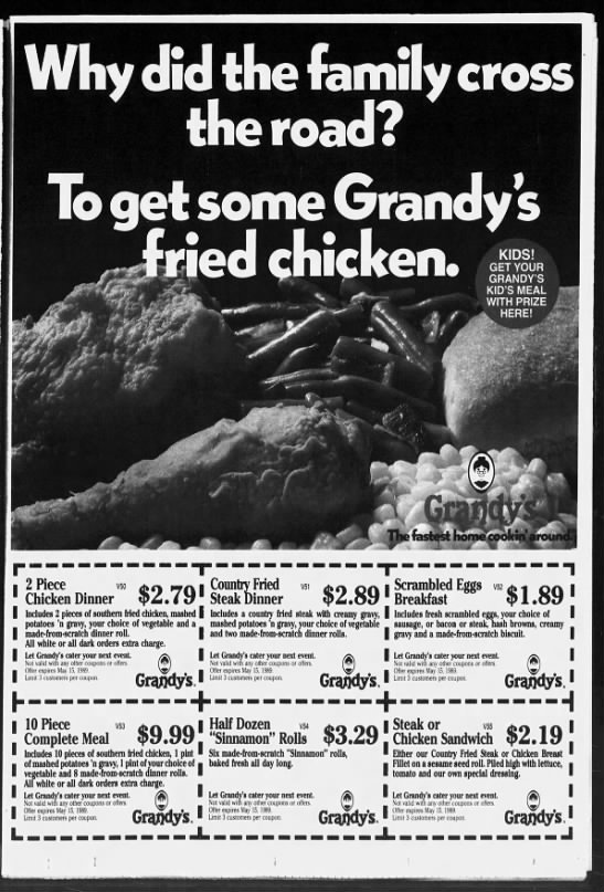 Tampa Grandy's - Why did the family cross the road? - Full-Page Ad 1989 - 