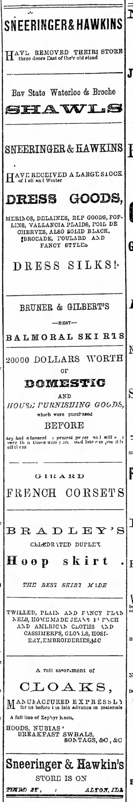 Ad for corsets, hoop skirts, and other items; Illinois 1865 - 
