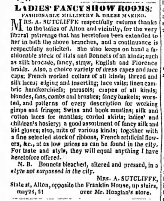 Women's clothes and accessories for sale (Illinois, 1850) - 