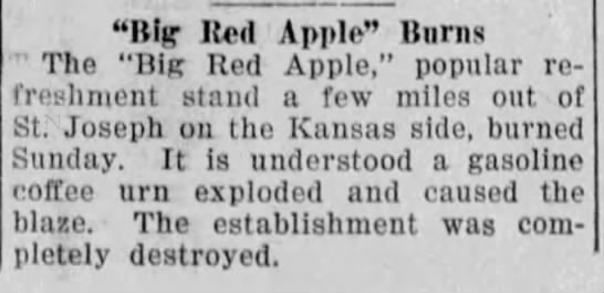 "Big Red Apple" in Wathena, Kansas, burns in 1929. - 