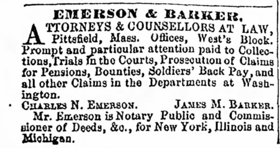 Ad for law office that helps with pensions, bounties, and soldiers' back pay, Massachusetts 1863 - 