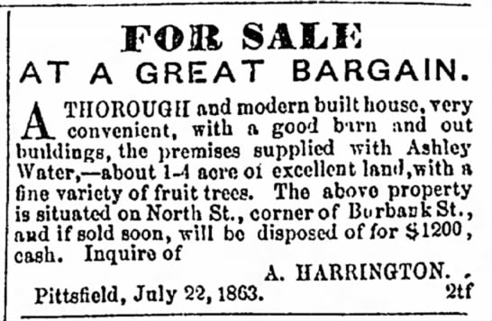 Ad for House for sale for $1200, Massachusetts 1863 - 