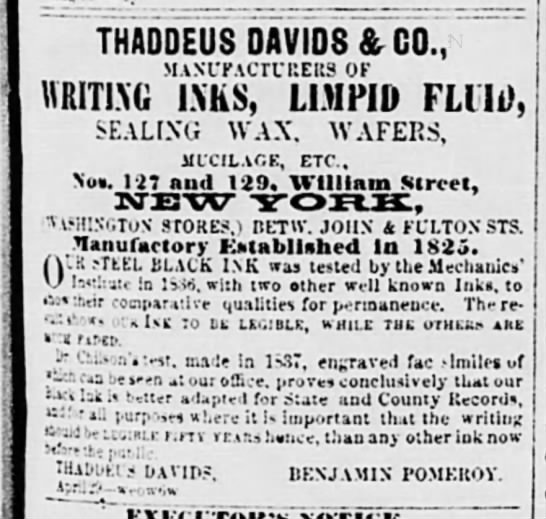 1859 - Thaddeus Davids ad with address, manufactury est. 1825 - 