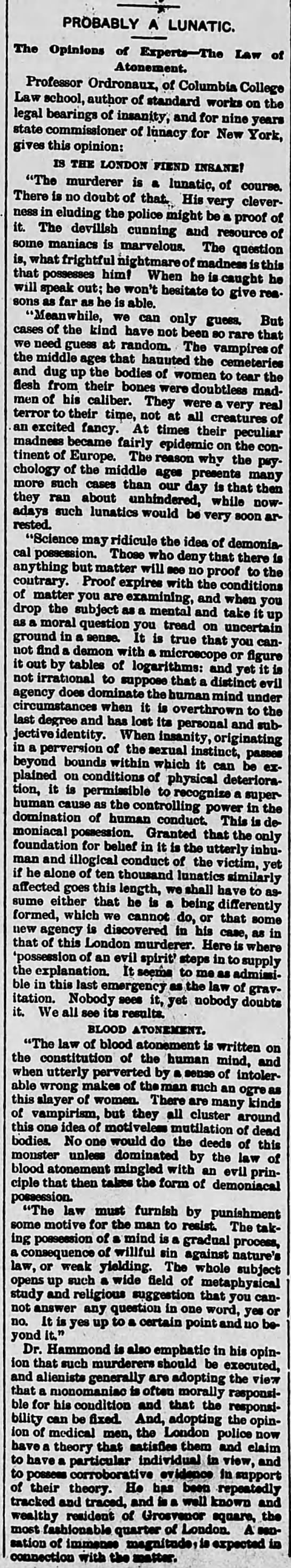 New York state commissioner of lunacy calls Jack the Ripper a lunatic, Nov 1888 - 