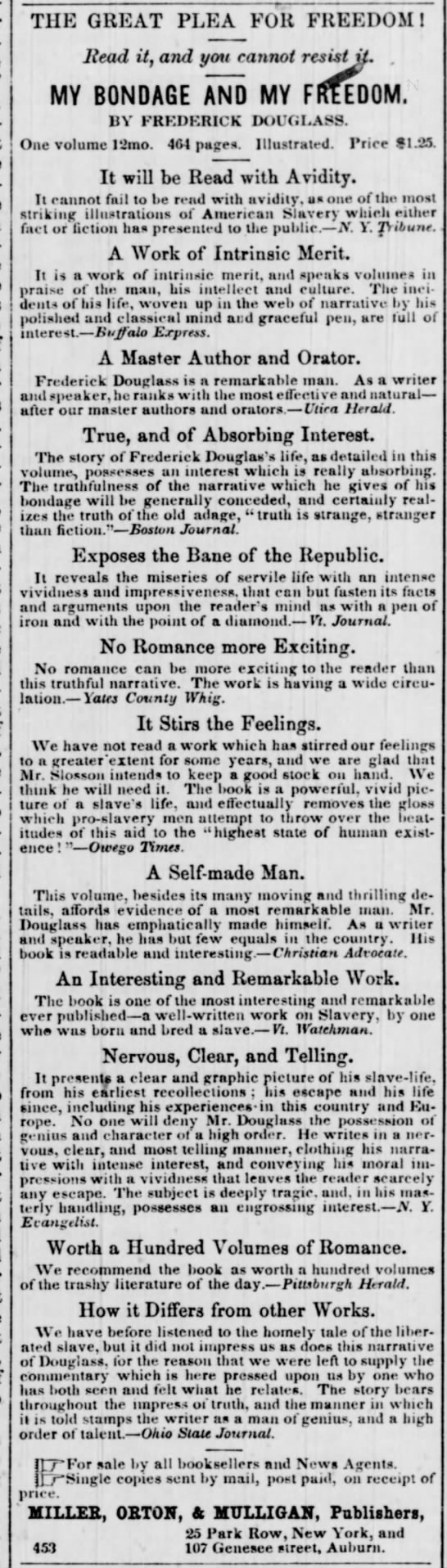 1855 newspaper ad with reviews of "My Bondage and My Freedom" by Frederick Douglass - 