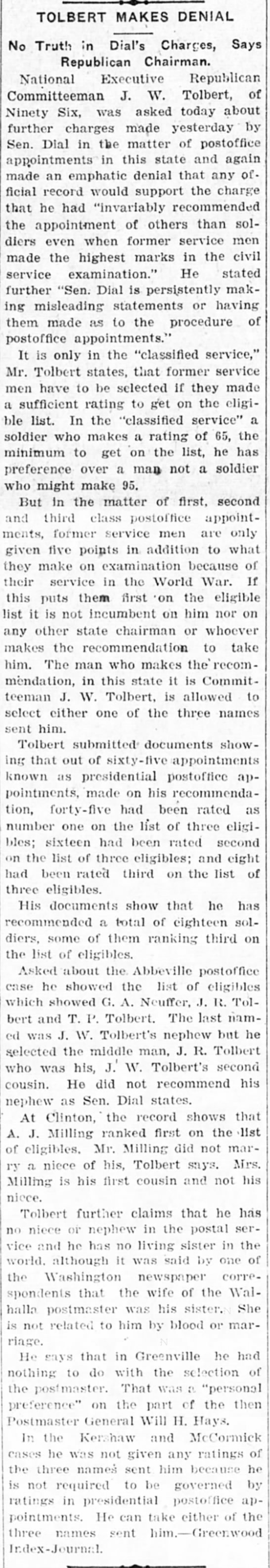 J. W. Tolbert in the Yorkville Enquirer of York, South Carolina on 25 August 1922 - 
