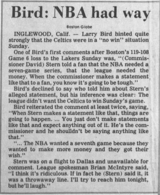 Larry Bird says David Stern manipulated Game 6 of the 1984 NBA Finals to push a Game 7 - 