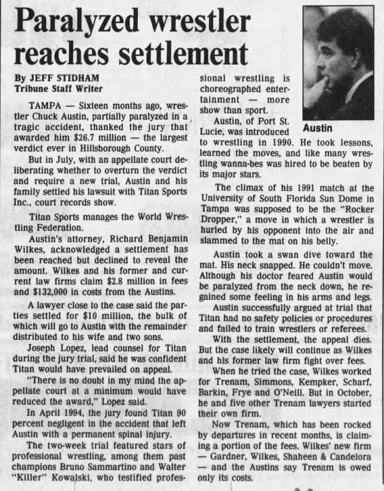 Paralyzed wrestler reaches settlement (Tampa Tribune 8/17/1995) - 
