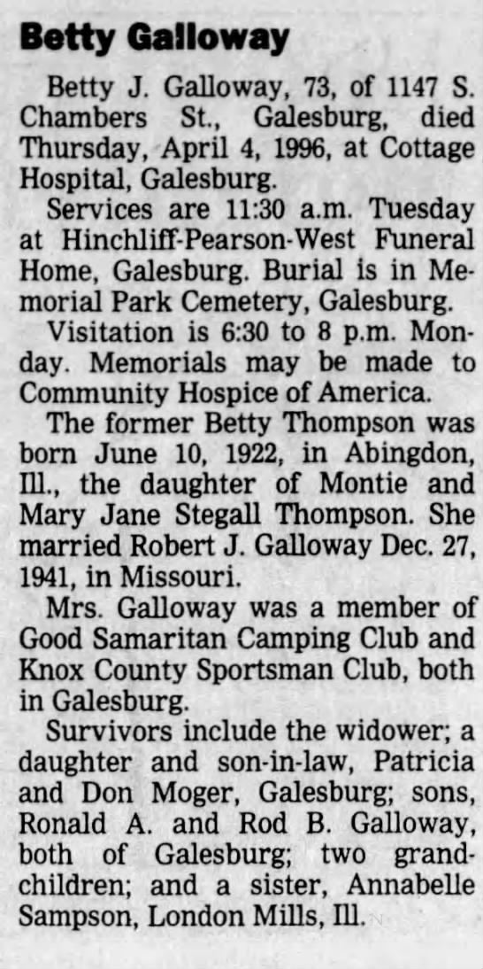 Obituary for Betty J. Galloway (Aged 73)