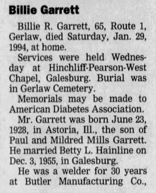 Obituary for Billie R. Garrett, 1928-1994 (Aged 65)