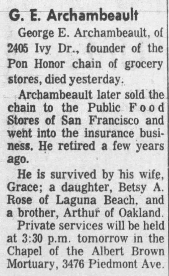 George Archambeault obituary -- founder of Pon Honor Stores - 