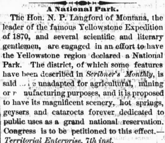 Efforts being made to have Yellowstone declared a national park - 