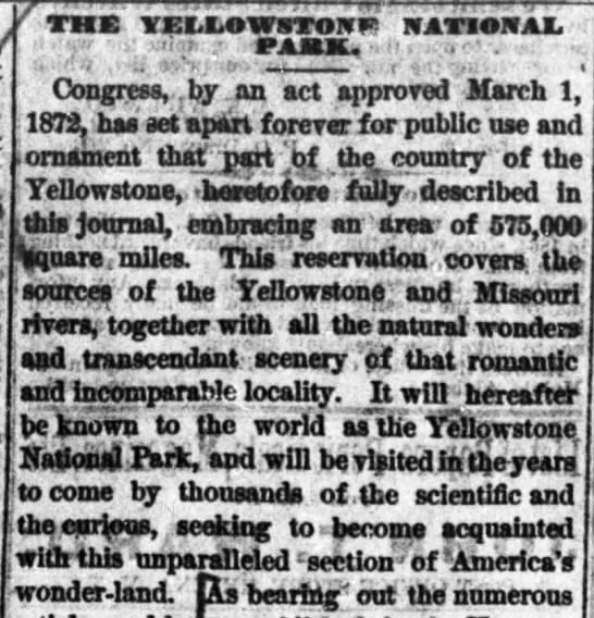 Excerpt from article on Act of Congress to create Yellowstone National Park on March 1, 1872 - 