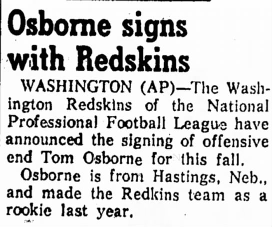 1961 Tom Osborne signs with Redskins - 