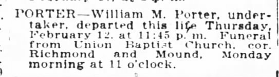 William Porter, Undertaker dies, 15 Feb 1920, Cincinnati Enquirer - 