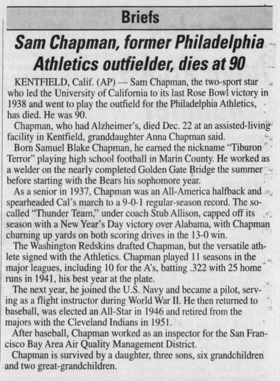 Sam Chapman, former Philadelphia Athletics outfielder, dies at 90 - 