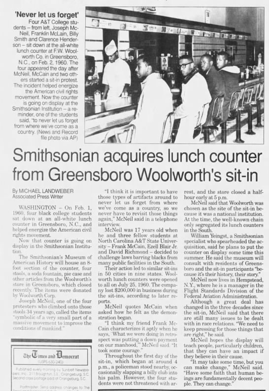 Smithsonian acquires Greensboro Woolworth's lunch counter - 