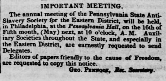 Meeting in Pennsylvania Hall of Pennsylvania State Anti-Slavery Society - 