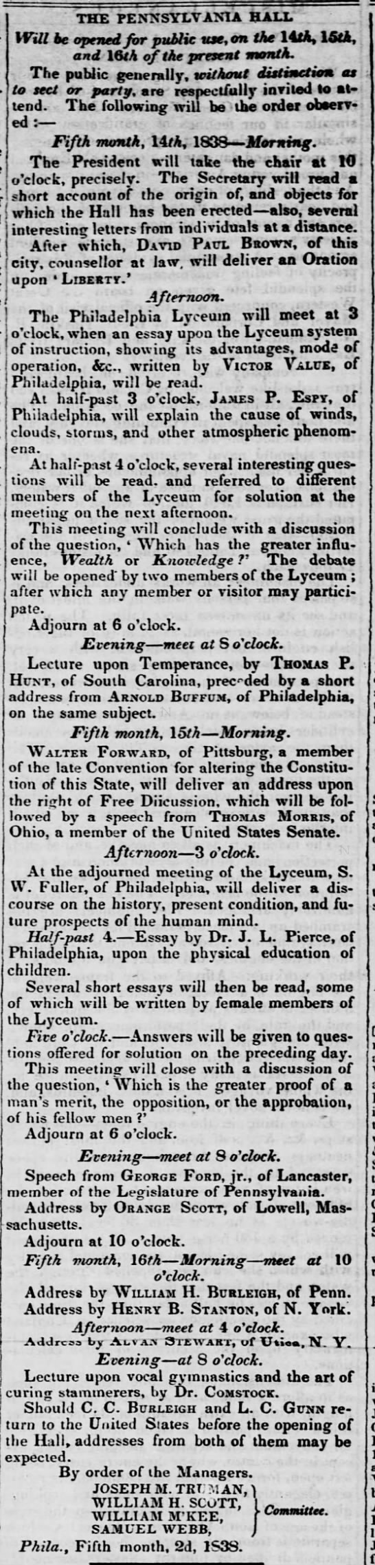 Activities at opening of Pennsylvania Hall - 