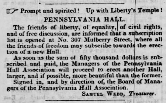 Fund to rebuild Pennsylvania Hall - 