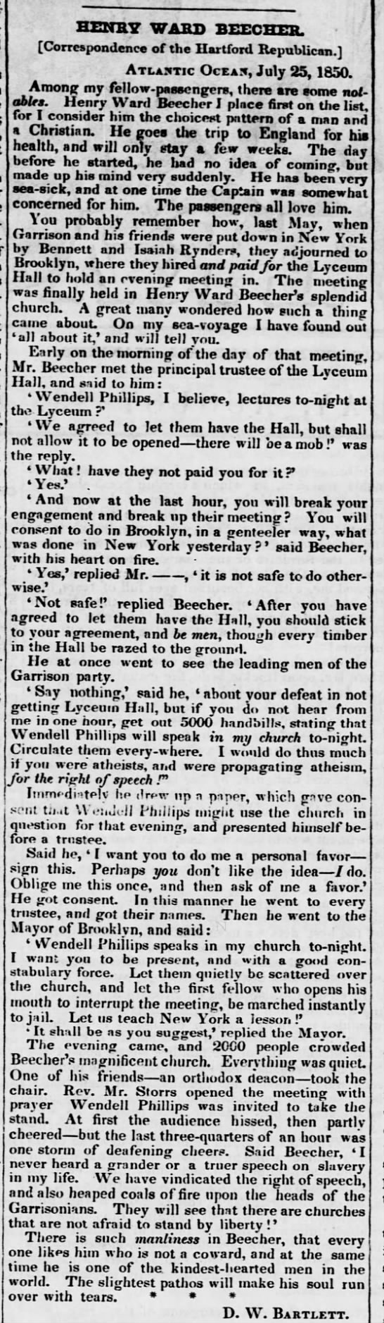 Henry Ward Beecher offers his church for abolitionist lecture - 
