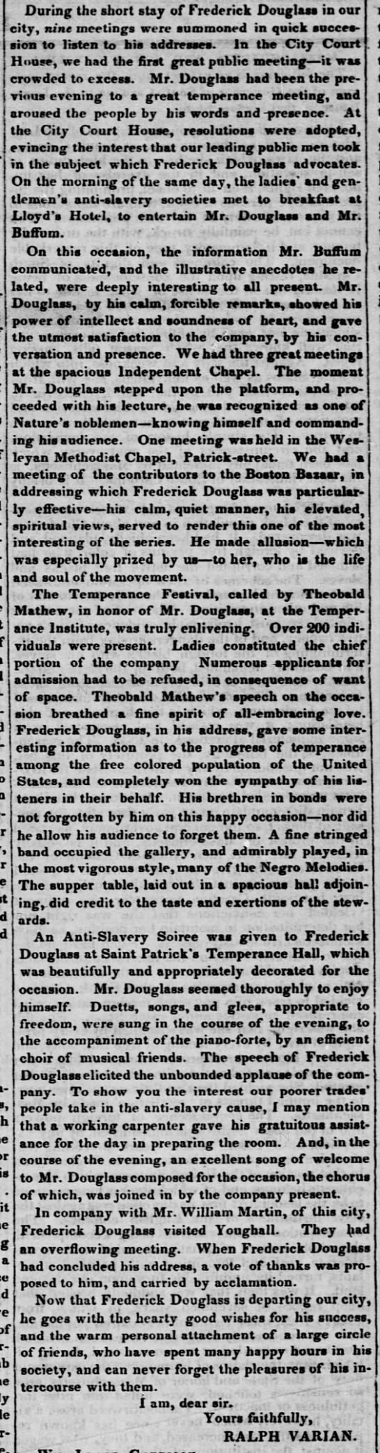 Excerpt from a 1845 letter describing Frederick Douglass' visit to Cork, Ireland - 