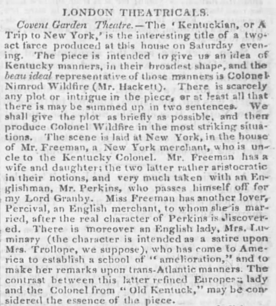 First Appearance of the Kentucky Colonel in 1833, London Theatricals - 