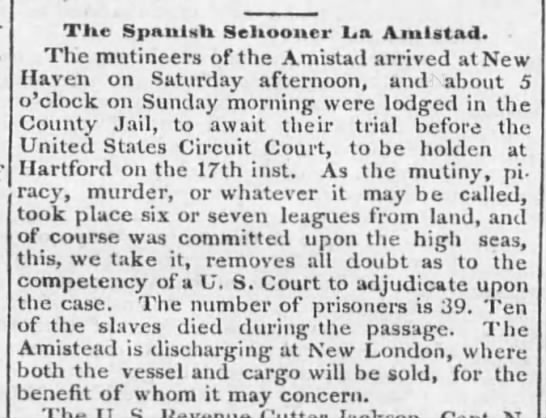 Africans on board the Amistad are held in a Connecticut jail to await trial - 