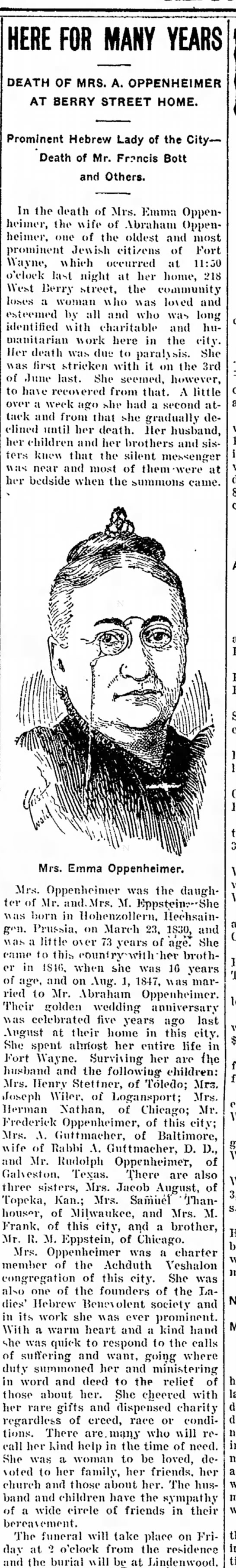 Mrs. Emma Oppenheimer obituary Fort Wayne News