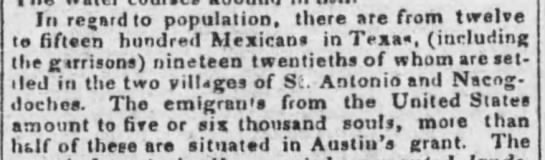 1,500 Mexicans living in Texas vs. 5,000-6,000 American settlers in 1829 - 