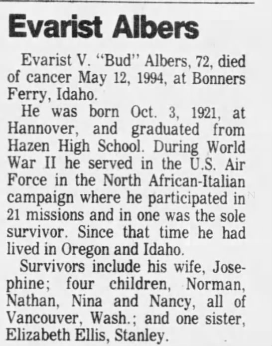 Obituary for Evarist V. Albers, 1921-1994 (Aged 72) - 