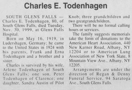 Obituary for Charles E. Todenhagen, 1919-1999 (Aged 80) - 