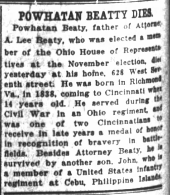 Medal of Honor Reipient-Powhatan Beaty dies 1916 - 