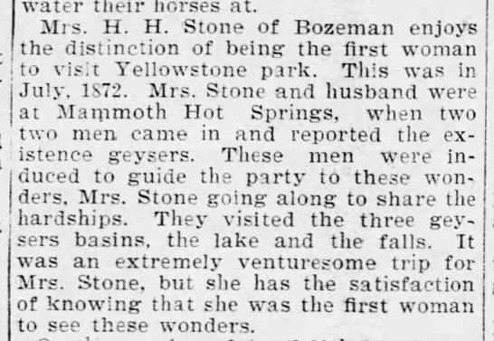 Article identifies Mrs. H. H. Stone as alleged first woman to visit Yellowstone Park - 