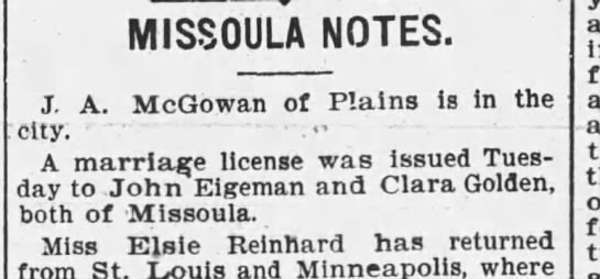 John Eigeman and Clara Golden, marriage license issued, Anaconda ...