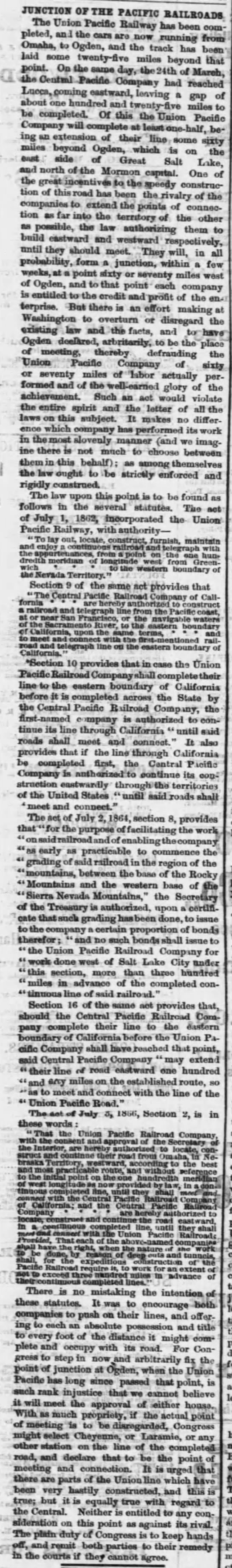 Transcontinental Railroad nears completion; junction dispute arises, Apr 1869 - 