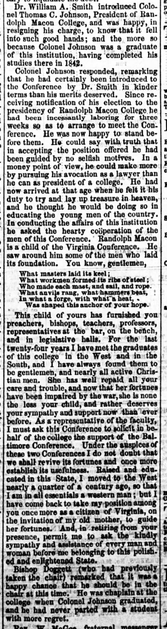 Thomas Carter Johnson (1820-1868) venerates Randolph-Macon College as he leaves the Presidency. - 