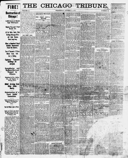 Chicago Tribune front page newspaper coverage and headlines about the Great Chicago Fire of 1871 - 