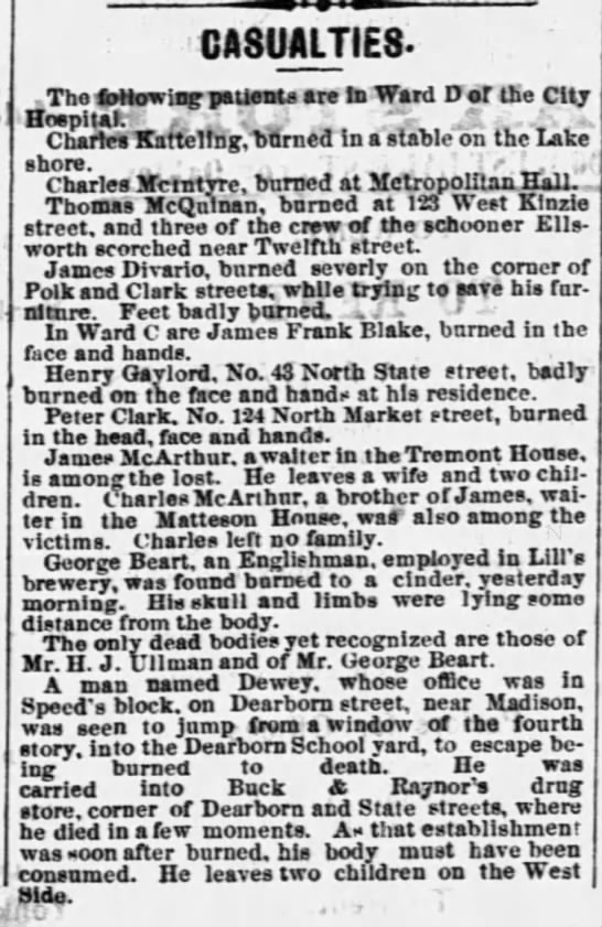 Newspaper lists a few of the victims who were injured or killed in the Great Chicago Fire - 