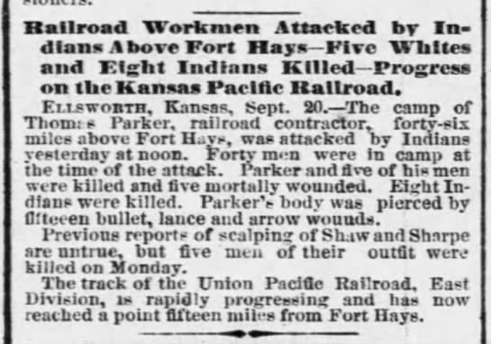 Transcontinental Railroad workers attacked by Native Americans in Kansas, 1867 - 