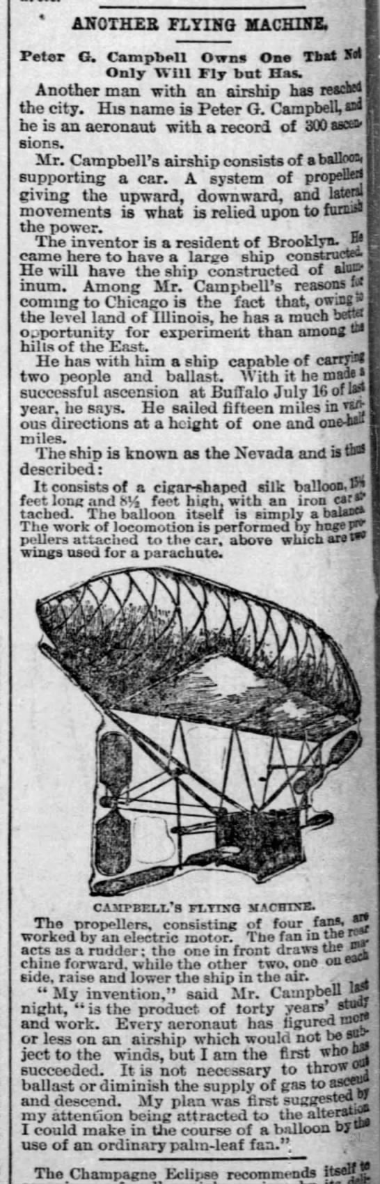 Chicago Tribune, 8 Jan 1891 p. 12 Campbell Air Ship with illustration USE - 