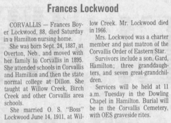Obituary for Frances Boy-er Lockwood (Aged 88)