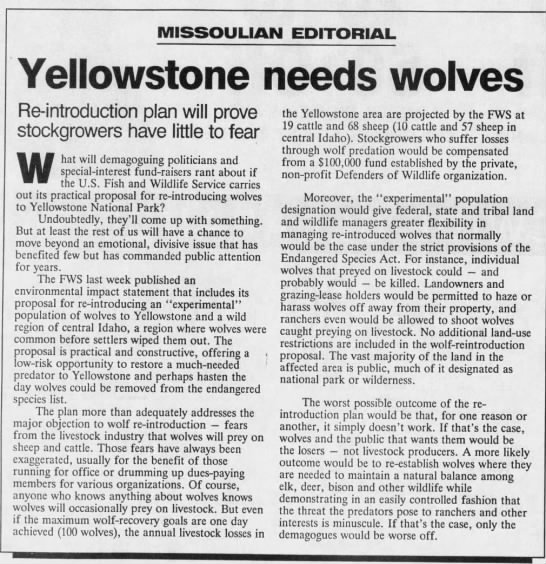 Editorial: "Yellowstone needs wolves" - 