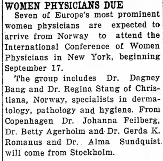Women Physicians Due. The Times Herald (Olean, New York) 15 September 1919, p 3 - 