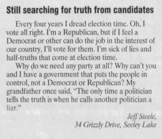 "The only time a politician tells the truth..." (2004). - 