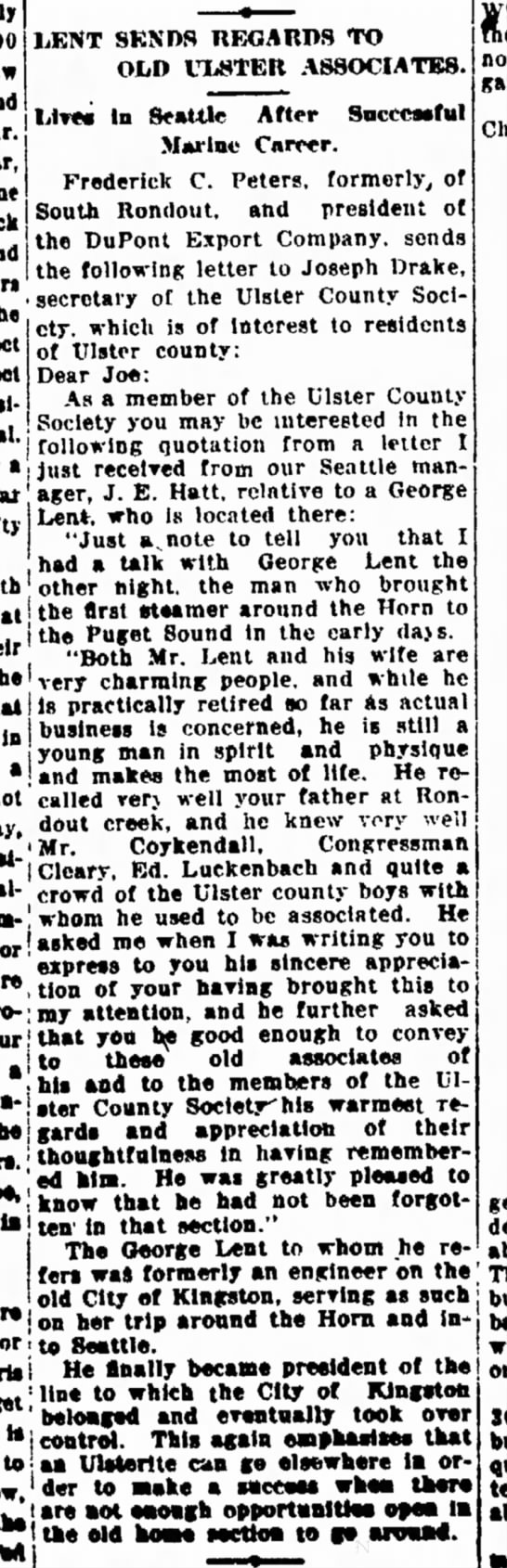 George Lent 21 Jan 1922 article in Kingston Daily Freeman ...