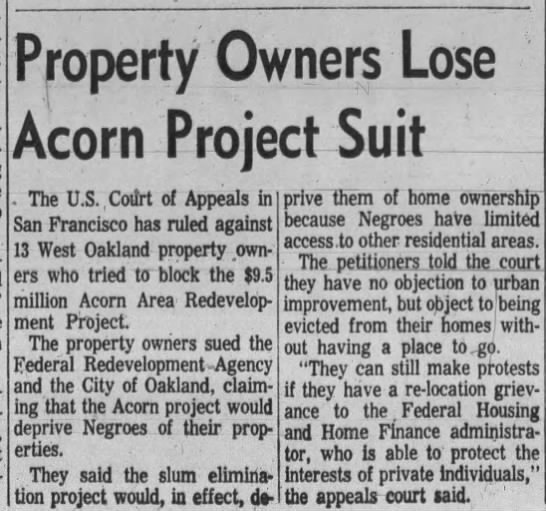 Property Owners Lose Acorn Project Suit - Oakland Tribune May 18, 1963 - 