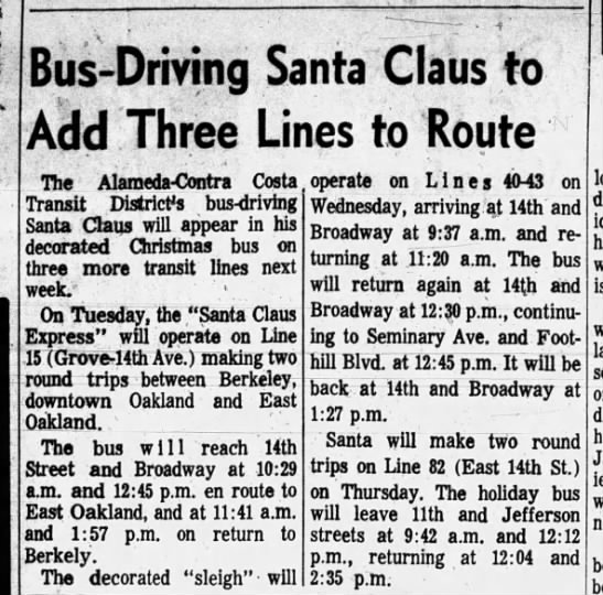 Bus-Driving Santa Claus to Add Three Lines to Route - Oakland Tribune December 17, 1965 - 