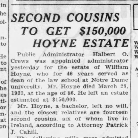 Second Cousins To Get $150,000 Hoyne[s] Estate - 