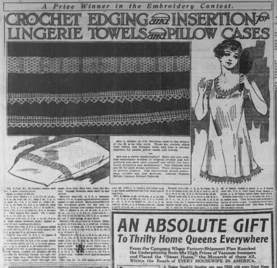 "Crochet edging and insertion for lingerie towels and pillow cases" pattern (1915) - 
